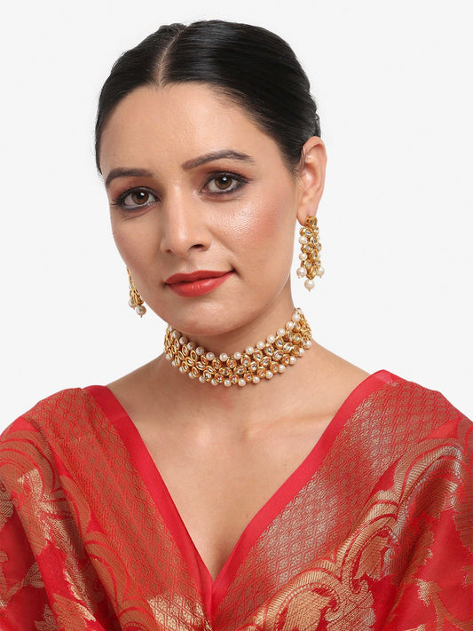 Gold-Plated White Kundan-Studded Pearls Beaded Handcrafted Jewellery Set - Ruby Raang - Grab2buy