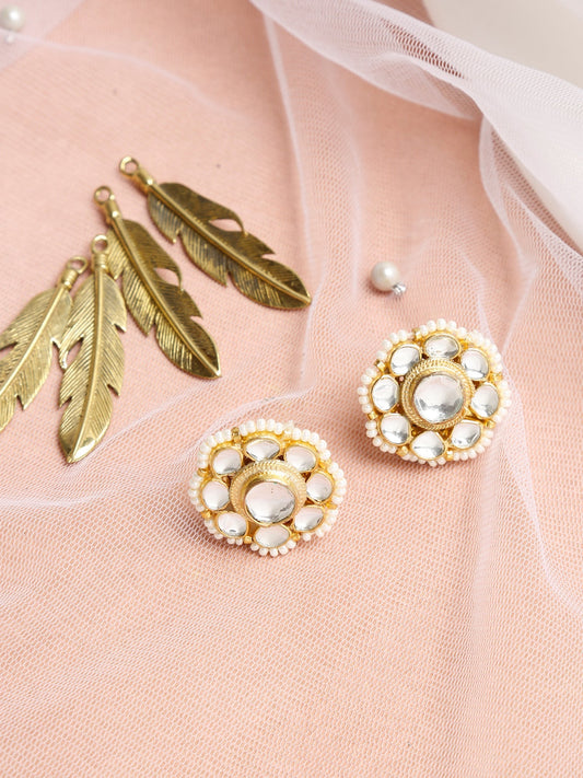 Gold-Toned Floral Kundan Studded Studs Earrings - Ruby Raang - Grab2buy