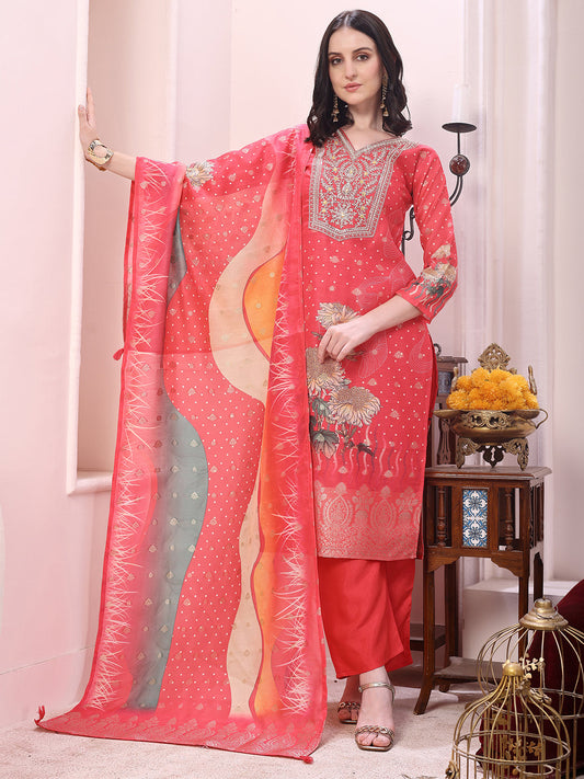 Sequinned & Thread Embroidered Kurta With Pant & Embroidered Dupatta, Coral - Hiral Fashion