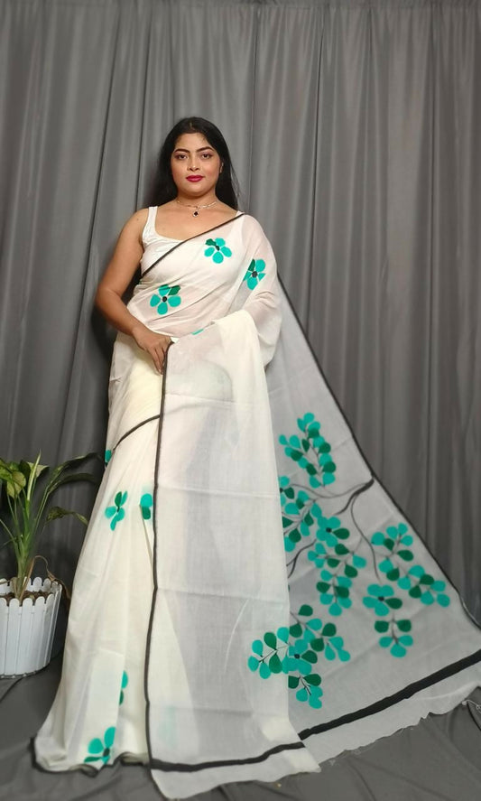 Exclusive Collection Beautiful White Green Pure Cotton Hand Print Handloom Grab2Buy With Running Blouse Piece