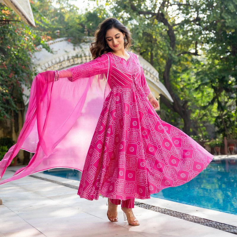 Malishka Women's Pink Cotton Bandhani Kurta Pant Set With Dupatta - Pink - Grab2buy