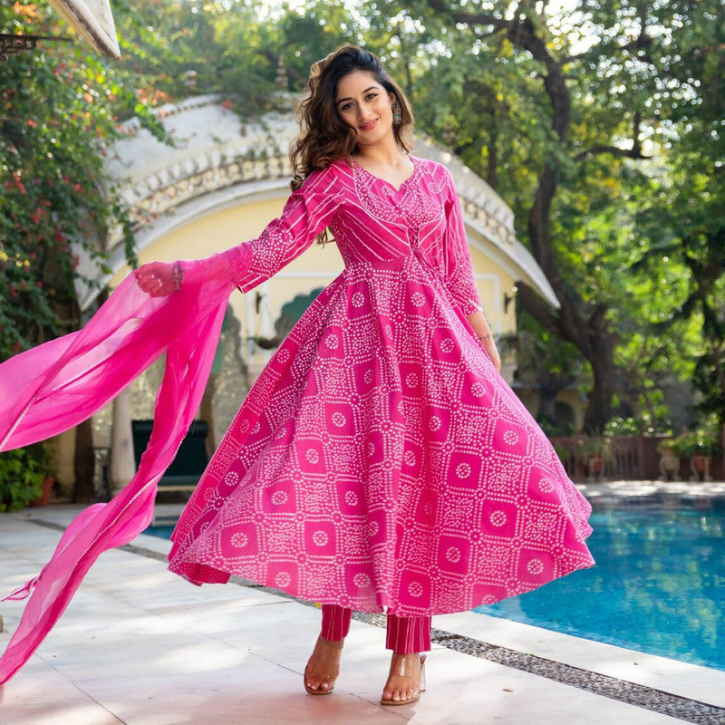 Malishka Women's Pink Cotton Bandhani Kurta Pant Set With Dupatta - Pink - Grab2buy