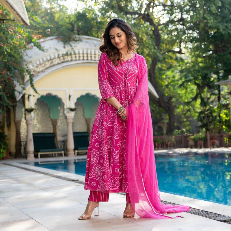 Malishka Women's Pink Cotton Bandhani Kurta Pant Set With Dupatta - Pink - Grab2buy