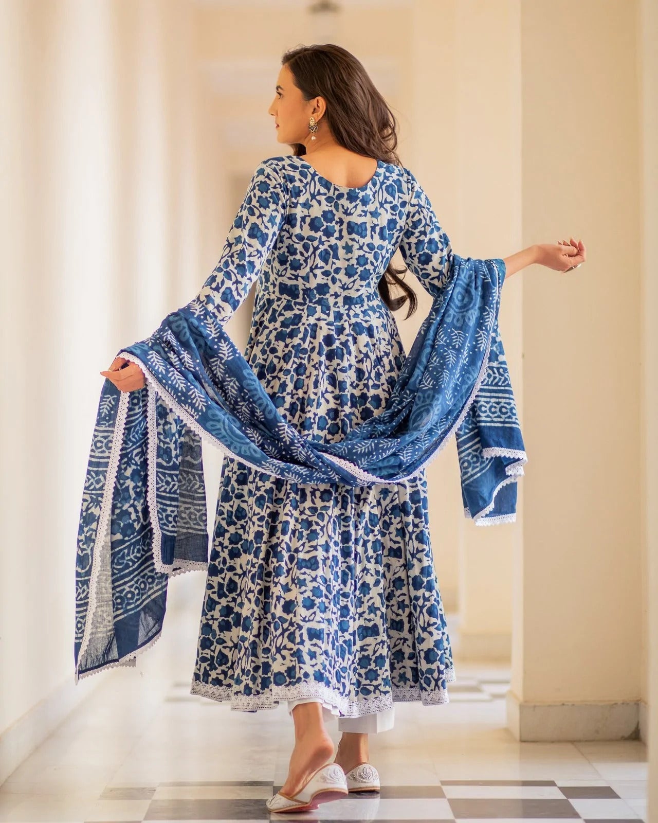 Malishka Women's Blue Cotton Flared Floral Printed Salwar Suit Set - Blue - Grab2buy
