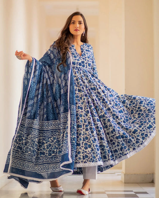 Malishka Women's Blue Cotton Flared Floral Printed Salwar Suit Set - Blue - Grab2buy