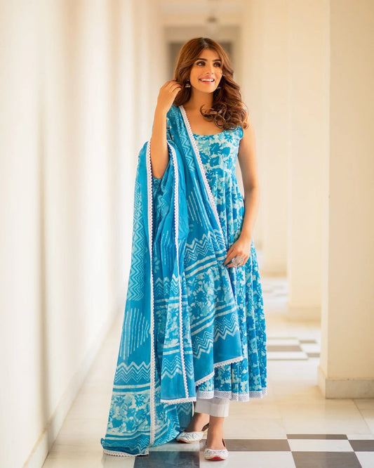 Indian Clothing Malishka Womens Sky Blue Abstract Printed Cotton Kurta and Pant Set with Dupatta - Sky Blue | Grab2Buy