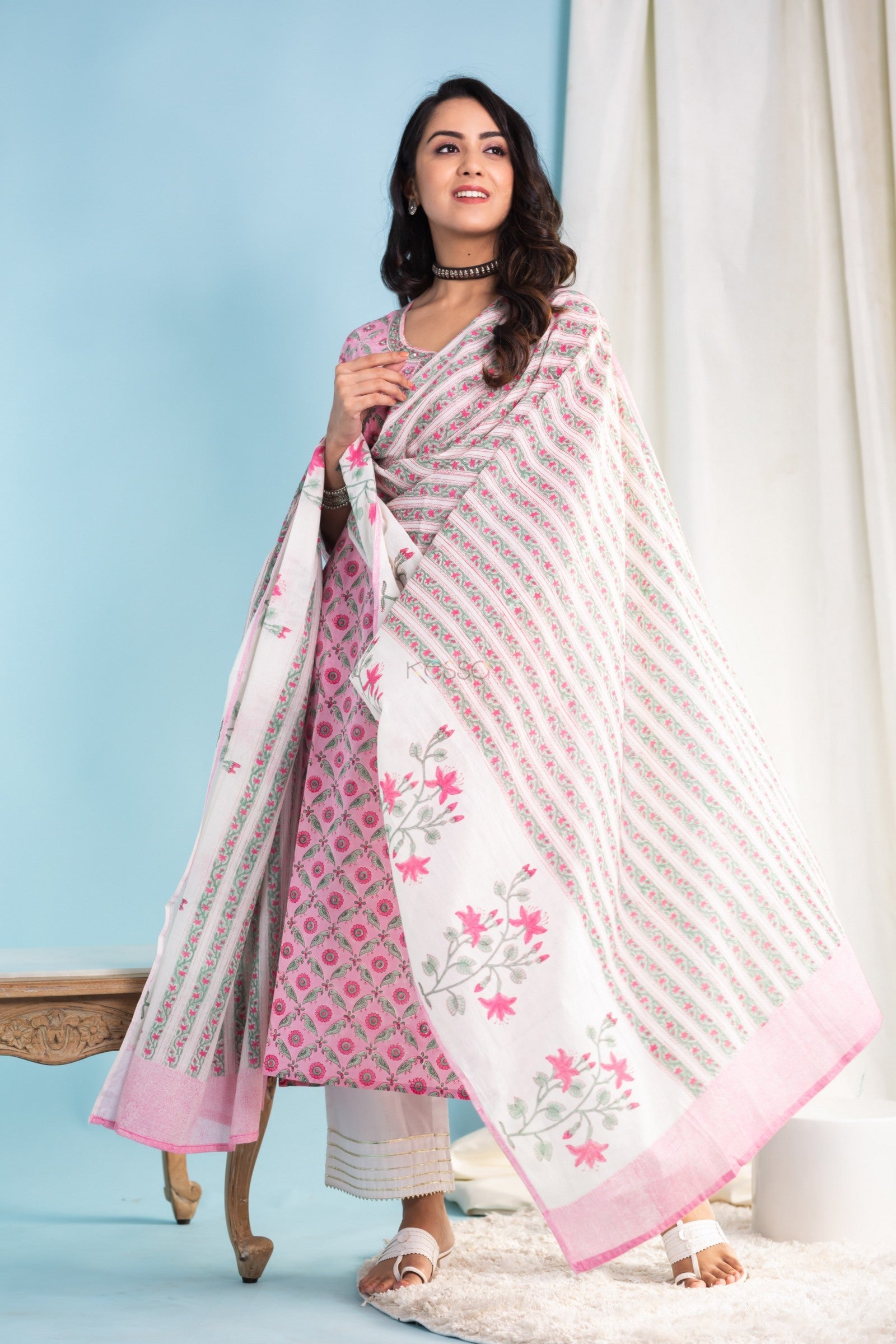 Malishka Womens Cotton Blend Kurta Pant Set With Dupatta - Pink - Grab2buy