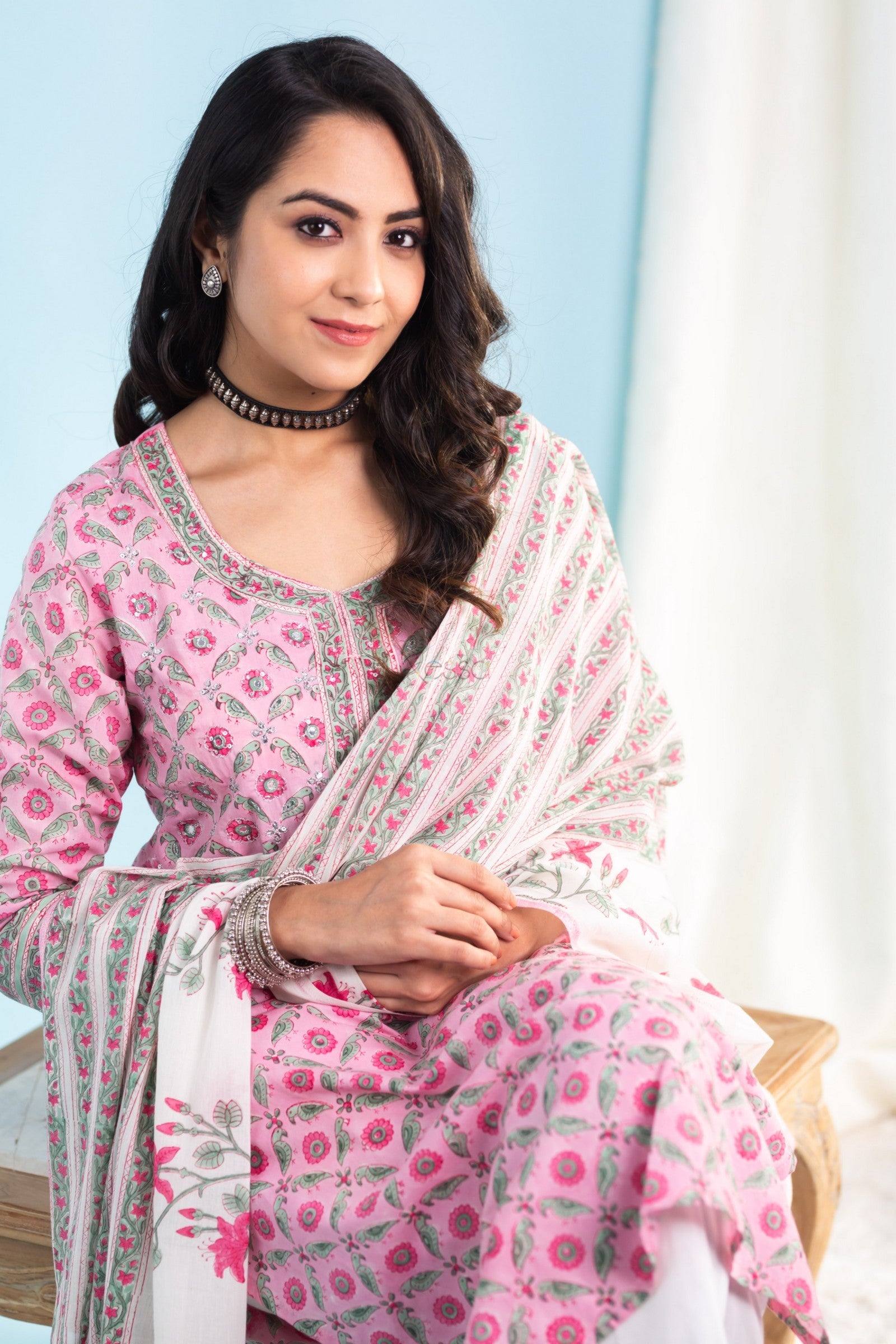 Malishka Womens Cotton Blend Kurta Pant Set With Dupatta - Pink - Grab2buy