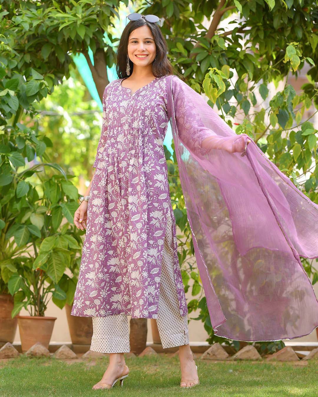Malishka Womens Purple Cotton Kurta Pant Set With Dupatta - Purple - Grab2buy