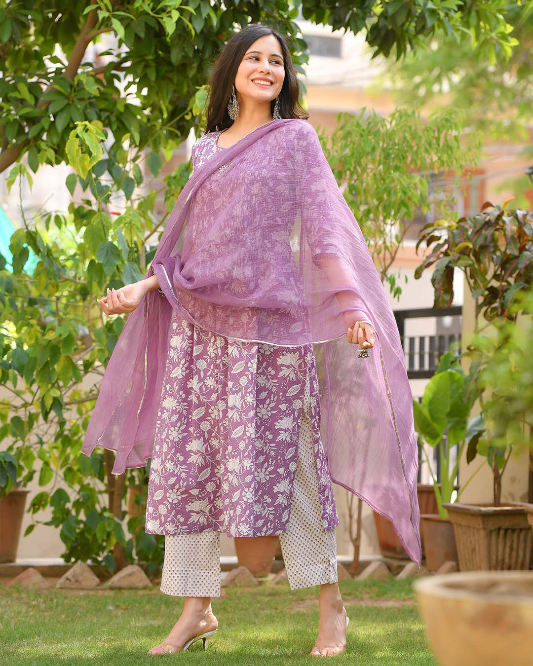 Malishka Womens Purple Cotton Kurta Pant Set With Dupatta - Purple - Grab2buy