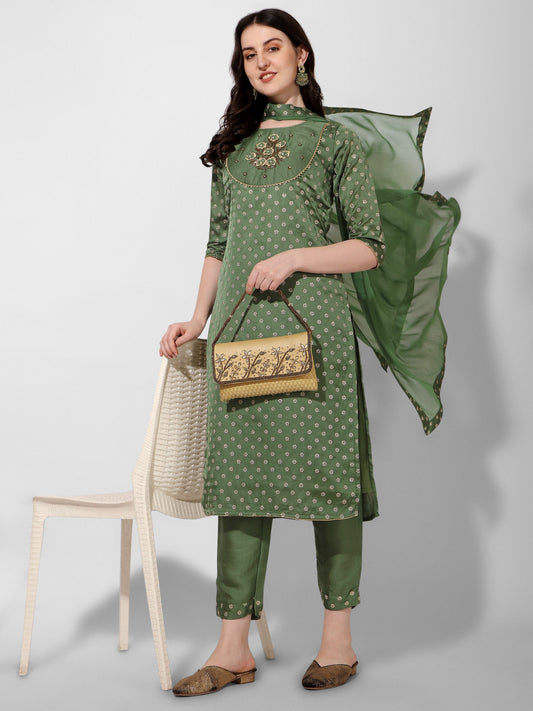 Embroidered Silk Kurta With Pant And Dupatta Set, Multicolor - Hiral Fashion