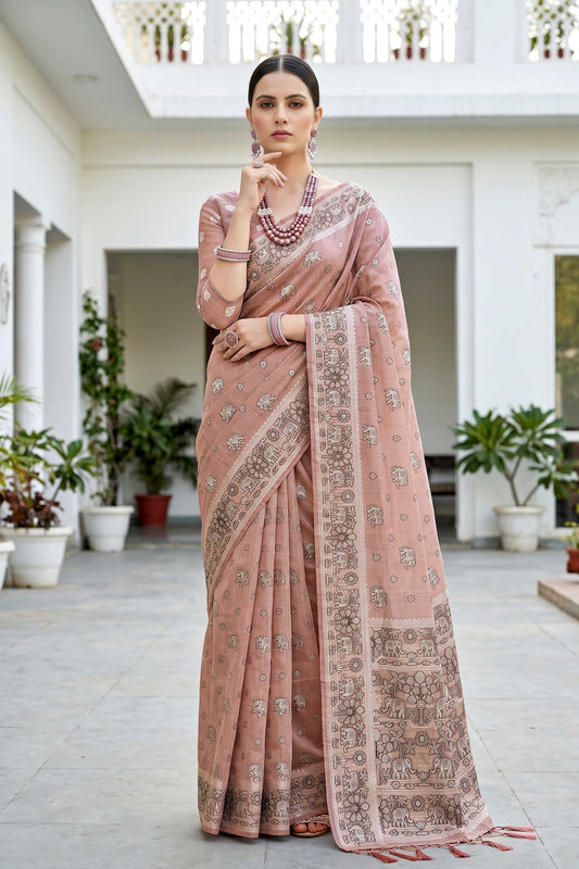 Sangam Prints Dusty Rose Cotton Blend Woven Work Traditional Saree