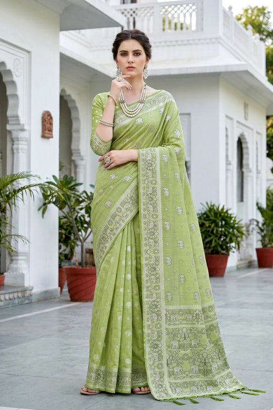Sangam Prints Pista Green Cotton Blend Woven Work Traditional Saree