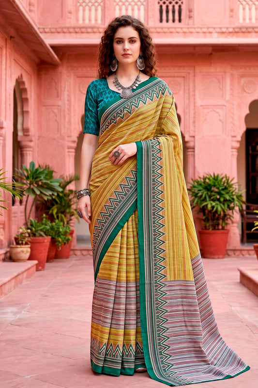 Sangam Prints Mustard Yellow Cotton Blend Woven Work Traditional Saree