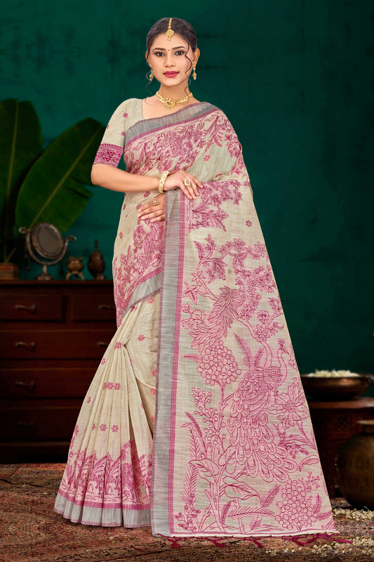 Sangam Prints Pink Cotton Blend Woven Work Traditional Saree