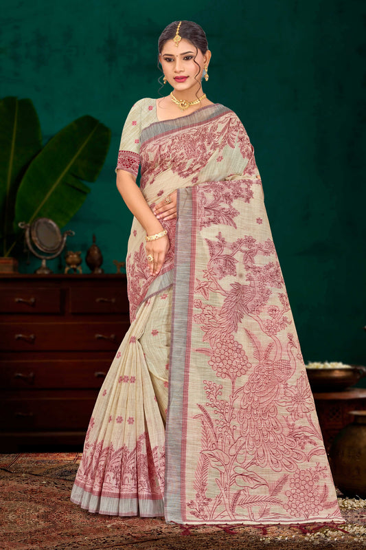 Sangam Prints Maroon Cotton Blend Woven Work Traditional Saree