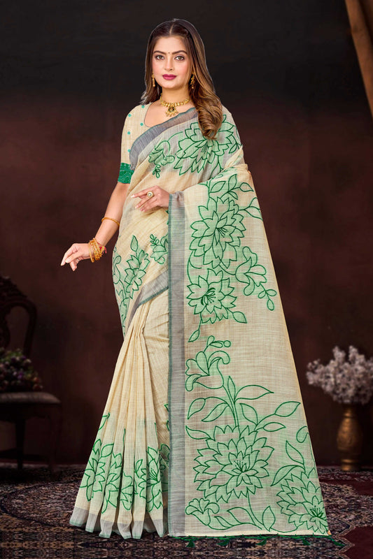 Sangam Prints Green Cotton Blend Woven Work Traditional Saree