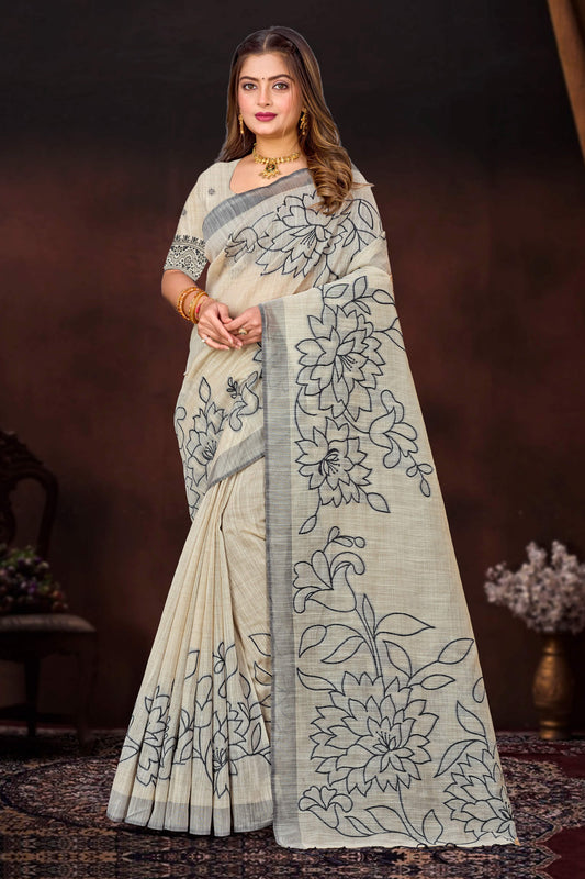 Sangam Prints Grey Cotton Blend Woven Work Traditional Saree