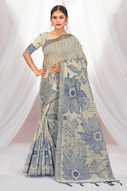 Sangam Prints Navy Blue Cotton Blend Woven Work Traditional Saree