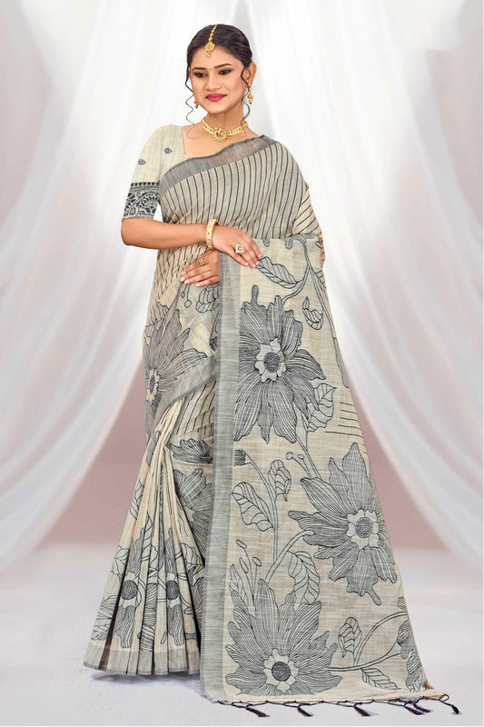 Sangam Prints Grey Cotton Blend Woven Work Traditional Saree