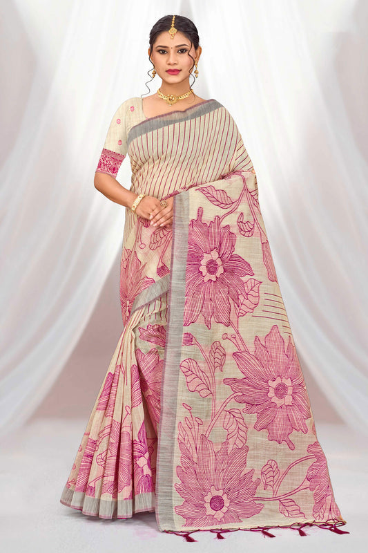 Sangam Prints Pink Cotton Blend Woven Work Traditional Saree