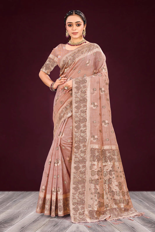 Sangam Prints Dusty Rose Cotton Blend Woven Work Traditional Saree
