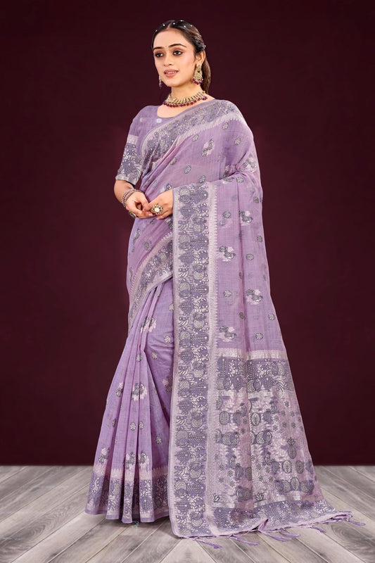 Sangam Prints Lavender Cotton Blend Woven Work Traditional Saree