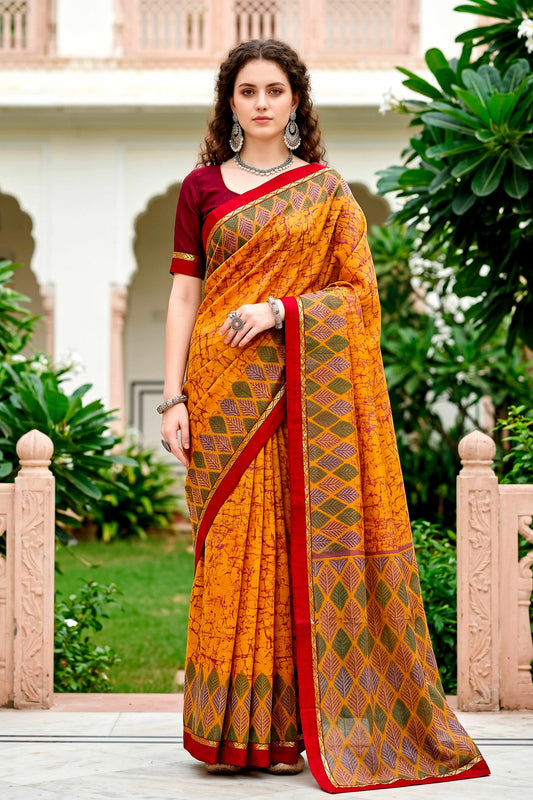 Sangam Prints Mustard Yellow Cotton Blend Woven Work Traditional Saree