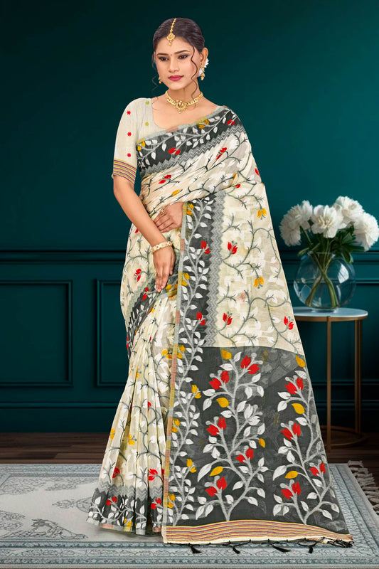Sangam Prints Gray Cotton Blend Woven Work Traditional Saree