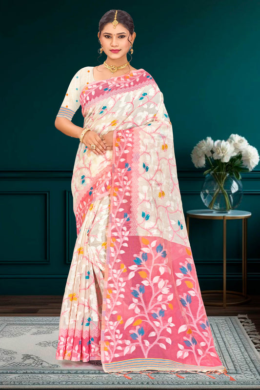 Sangam Prints Pink Cotton Blend Woven Work Traditional Saree