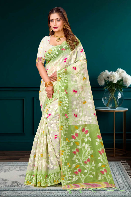 Sangam Prints Green Cotton Blend Woven Work Traditional Saree