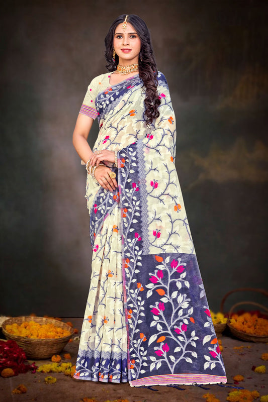 Sangam Prints Violet Cotton Blend Woven Work Traditional Saree