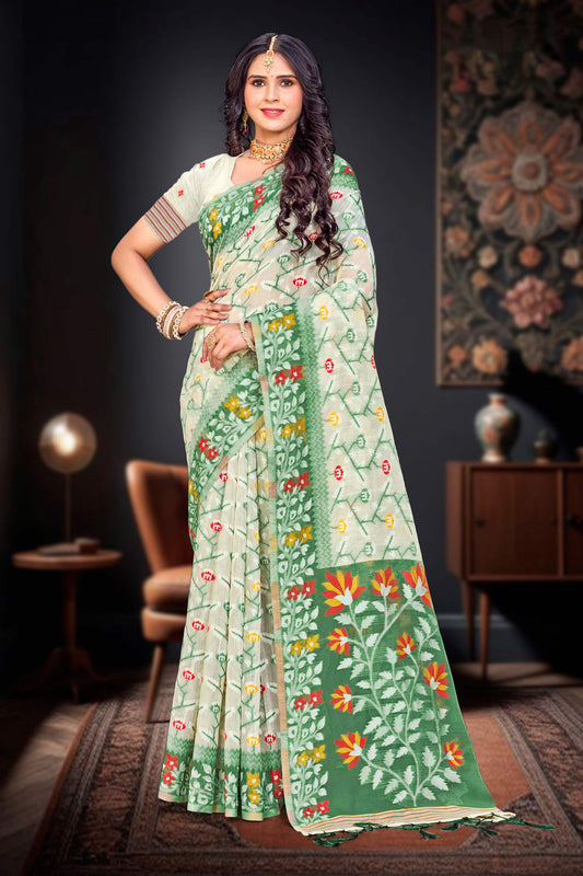 Sangam Prints Dark Green Cotton Blend Woven Work Traditional Saree