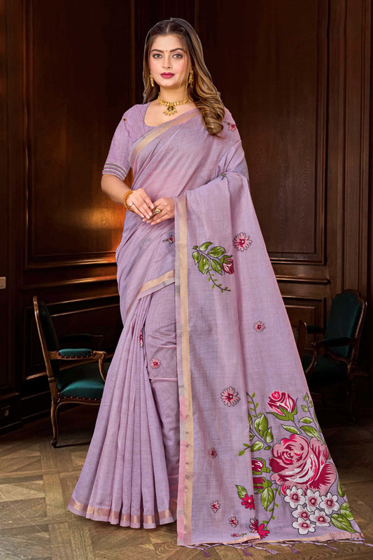 Sangam Prints Lavender Cotton Blend Woven Work Traditional Saree