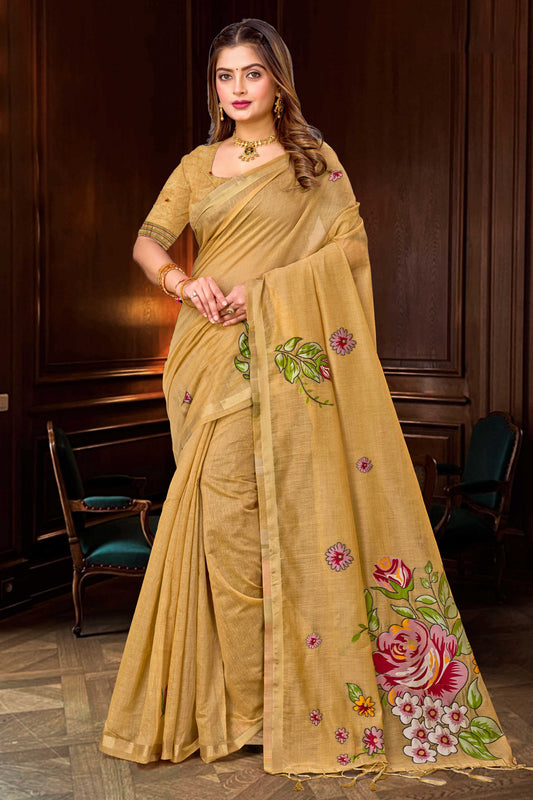 Sangam Prints Beige Gold Cotton Blend Woven Work Traditional Saree