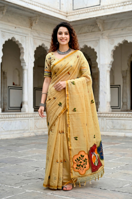 Sangam Prints Mustard Yellow Cotton Blend Woven Work Traditional Saree