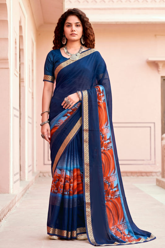 Sangam Prints Navy Blue Cotton Blend Woven Work Traditional Saree
