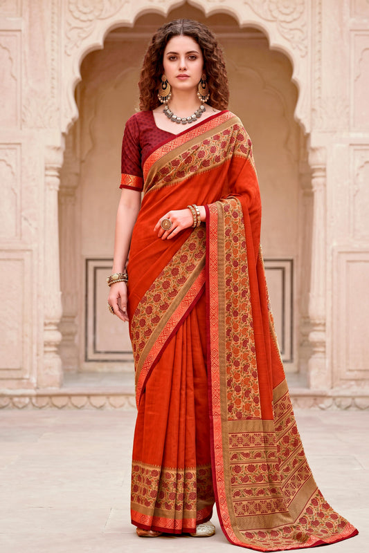Sangam Prints Rust Orange Cotton Blend Woven Work Traditional Saree