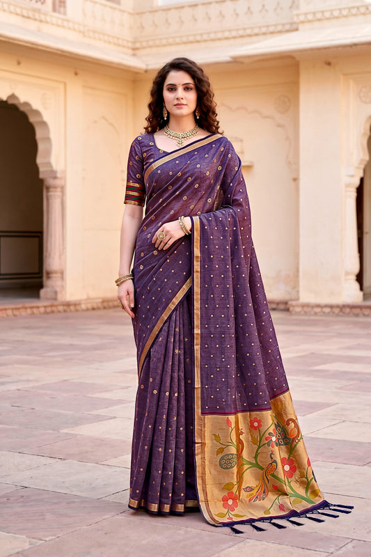 Sangam Prints Violet Cotton Blend Woven Work Traditional Saree