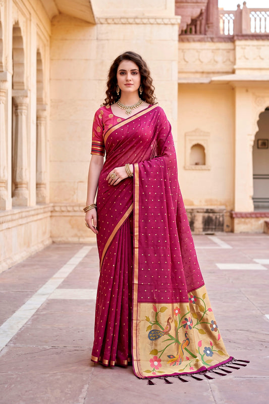 Sangam Prints Pink Cotton Blend Woven Work Traditional Saree