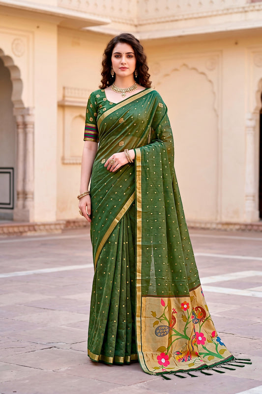 Sangam Prints Mehndi Green Cotton Blend Woven Work Traditional Saree