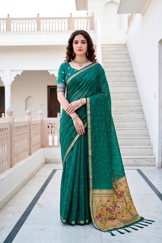 Sangam Prints Emerald Green Cotton Blend Woven Work Traditional Saree
