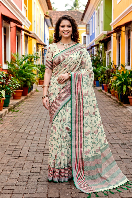 Sangam Prints Green Cotton Blend Woven Work Traditional Saree