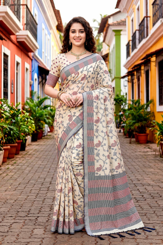 Sangam Prints Red Cotton Blend Woven Work Traditional Saree