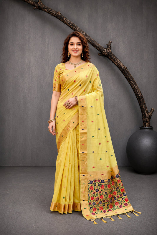 Sangam Prints Yellow Cotton Blend Woven Work Traditional Saree
