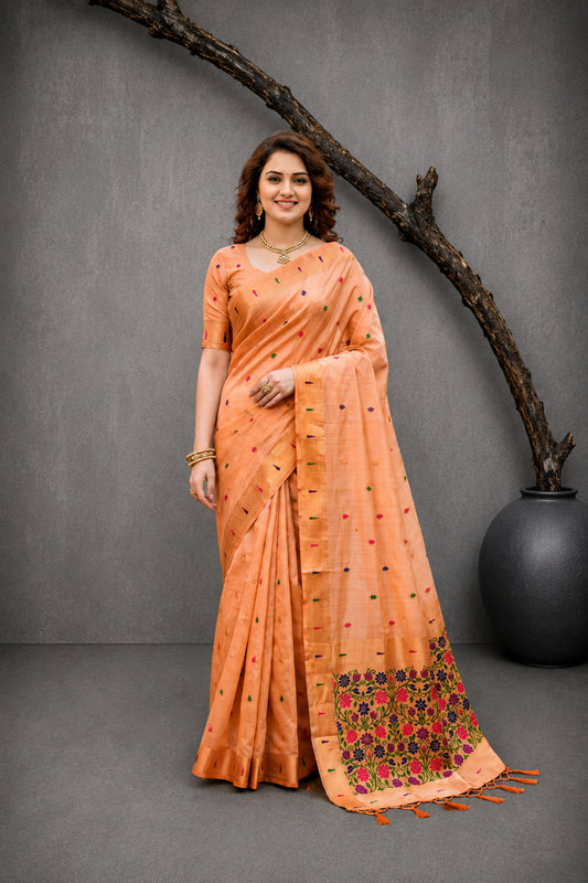 Sangam Prints Peach Cotton Blend Woven Work Traditional Saree