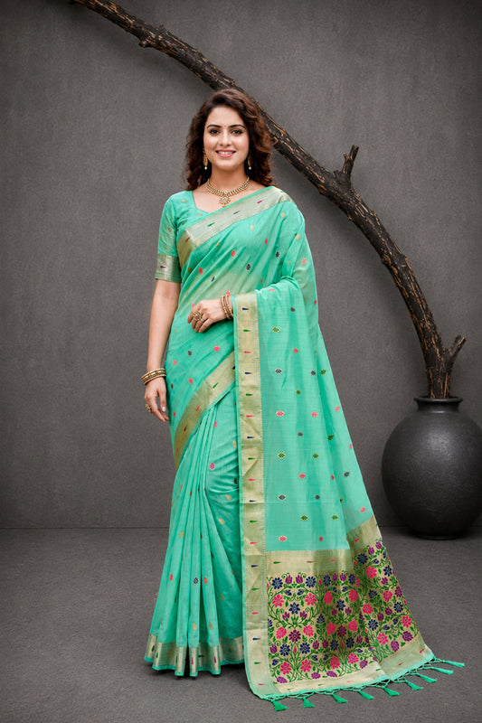 Sangam Prints Aqua Mint Green Cotton Blend Woven Work Traditional Saree