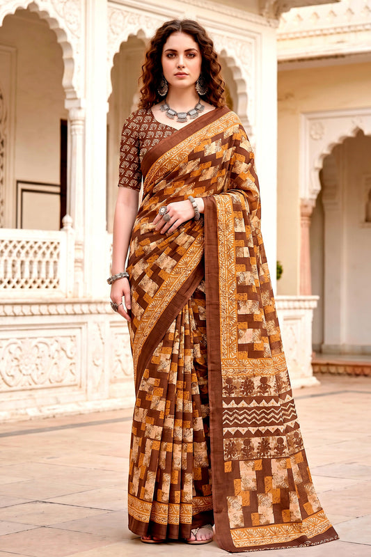 Sangam Prints Coffee Brown Cotton Blend Woven Work Traditional Saree