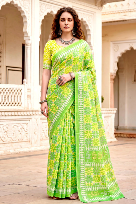 Sangam Prints Parrot Green Cotton Blend Woven Work Traditional Saree