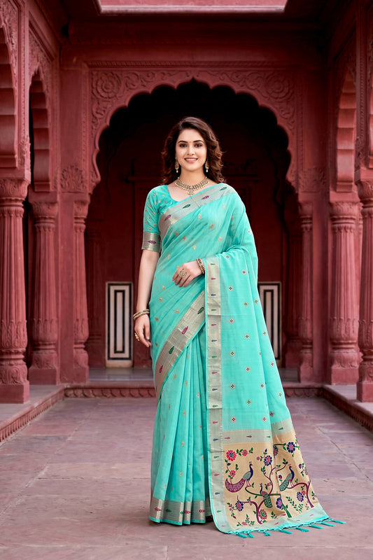 Sangam Prints Aqua Green Cotton Blend Woven Work Traditional Saree